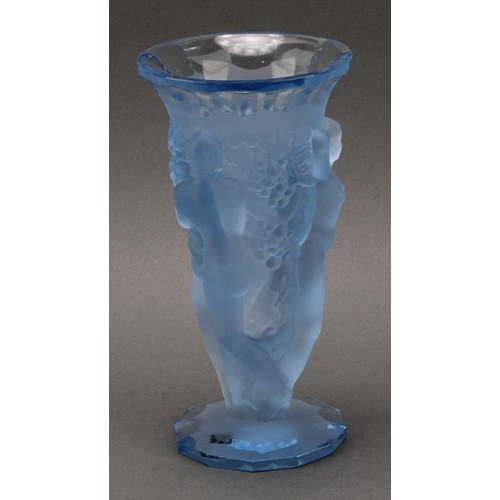 3216 - A Desna, Czech Republic, Art Deco style pale blue frosted glass pedestal vase, relief moulded with f... 