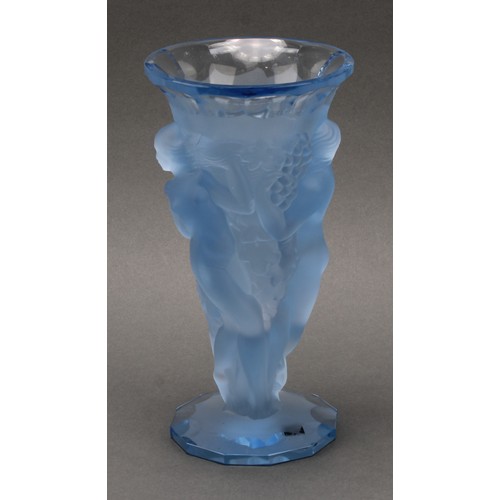 3216 - A Desna, Czech Republic, Art Deco style pale blue frosted glass pedestal vase, relief moulded with f... 