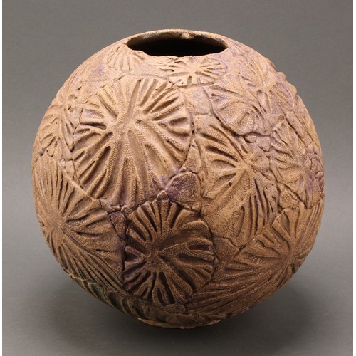 3186 - A large studio pottery globular vase, decorated in relief with stylised crinoids, scattered puce and... 