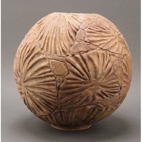 3186 - A large studio pottery globular vase, decorated in relief with stylised crinoids, scattered puce and... 