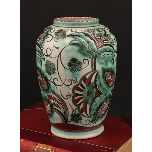 3017 - A Carter Stabler Adams vase, by Anne Hatchard, decorated with stylised flowers, in tones of green an... 