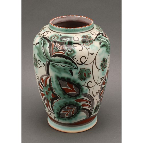 3017 - A Carter Stabler Adams vase, by Anne Hatchard, decorated with stylised flowers, in tones of green an... 