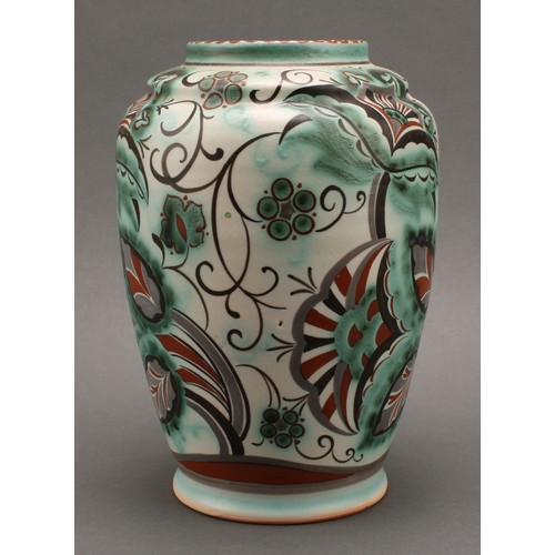 3017 - A Carter Stabler Adams vase, by Anne Hatchard, decorated with stylised flowers, in tones of green an... 