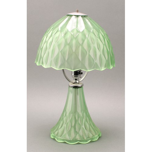 3236 - An Art Deco Davidson frosted green faceted glass table lamp and shade, 36cm high