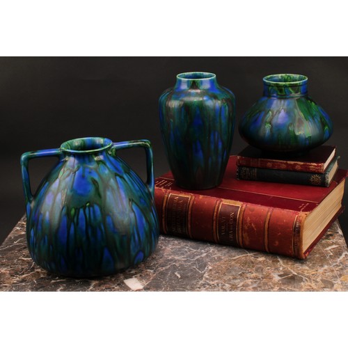 3031 - A Minton and Hollins Astra Ware two handled amphora vase, Peacock glaze, 21cm, impressed mark; two o... 