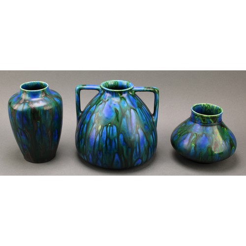 3031 - A Minton and Hollins Astra Ware two handled amphora vase, Peacock glaze, 21cm, impressed mark; two o... 