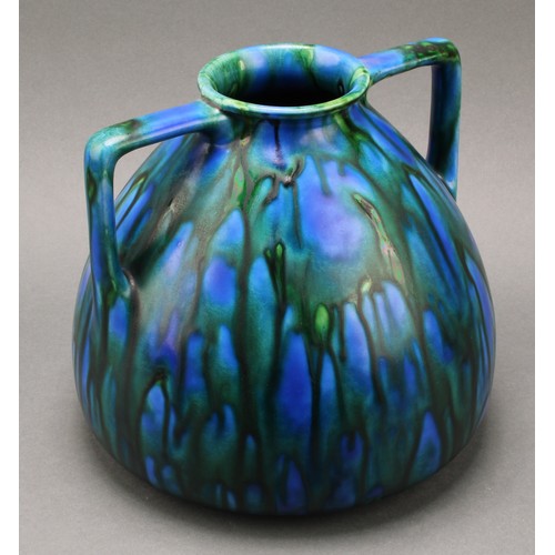 3031 - A Minton and Hollins Astra Ware two handled amphora vase, Peacock glaze, 21cm, impressed mark; two o... 