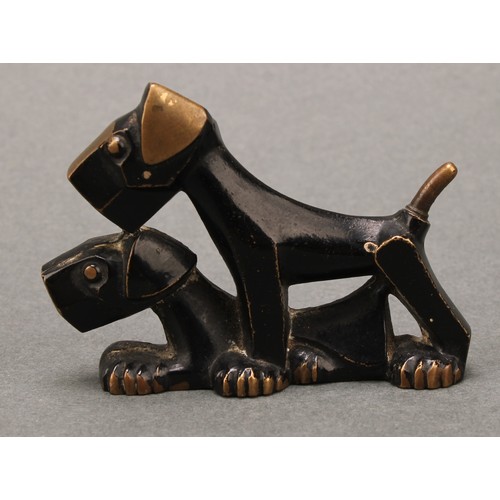 3261 - An Art Deco dark patinated bronze pair of stylised terriers, marked 