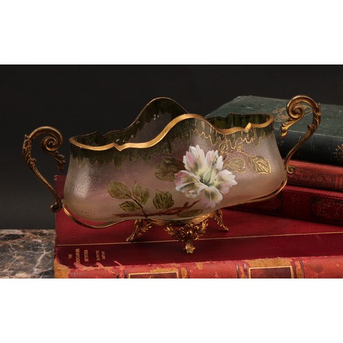 3217 - A French two-handled glass posy vase, of lobed form, in the manner of Legras, gilt metal mounted, th... 