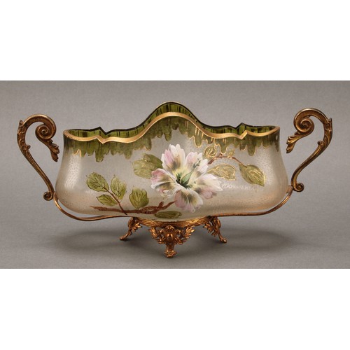 3217 - A French two-handled glass posy vase, of lobed form, in the manner of Legras, gilt metal mounted, th... 