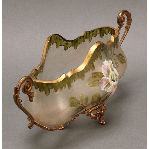 3217 - A French two-handled glass posy vase, of lobed form, in the manner of Legras, gilt metal mounted, th... 