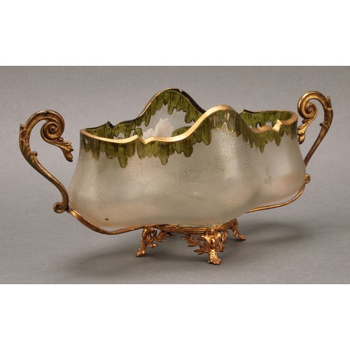 3217 - A French two-handled glass posy vase, of lobed form, in the manner of Legras, gilt metal mounted, th... 