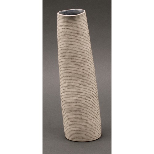 3215 - Susan Disley, a tall studio pottery slightly tapering cylindrical vase, 23cm high; a conforming cup,... 