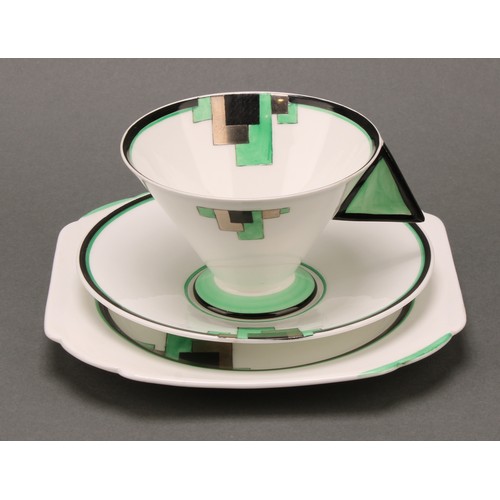 3167 - An Art Deco Shelley Vogue 'Green Blocks' pattern trio, in shades of green, black and silver lustre, ... 