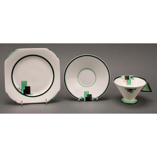 3167 - An Art Deco Shelley Vogue 'Green Blocks' pattern trio, in shades of green, black and silver lustre, ... 