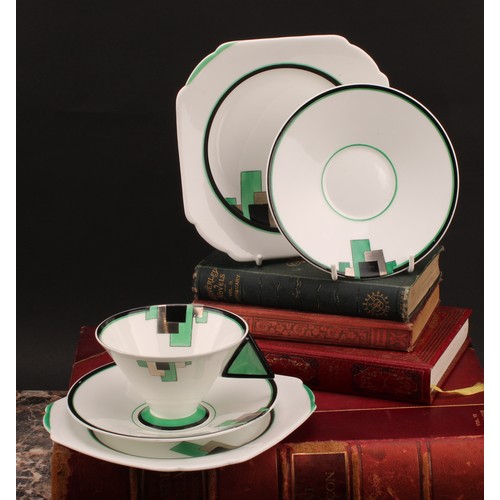 3166 - An Art Deco Shelley Vogue 'Green Blocks' pattern trio, in shades of green, black and silver lustre, ... 