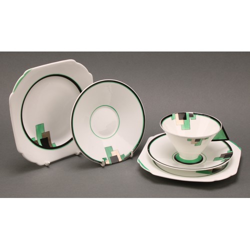 3166 - An Art Deco Shelley Vogue 'Green Blocks' pattern trio, in shades of green, black and silver lustre, ... 