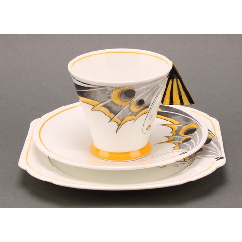 3163 - An Art Deco Shelley Mode 'Yellow Butterfly' pattern trio, designed by Eric Slater, in shades of yell... 