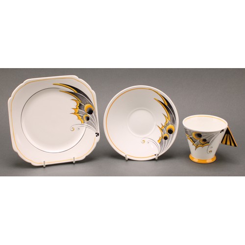 3163 - An Art Deco Shelley Mode 'Yellow Butterfly' pattern trio, designed by Eric Slater, in shades of yell... 