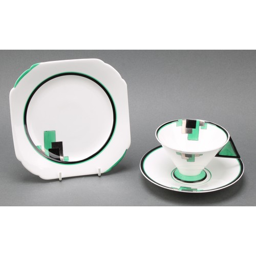 3165 - An Art Deco Shelley Vogue 'Green Blocks' pattern tea service for six, comprising cake plate, cream j... 