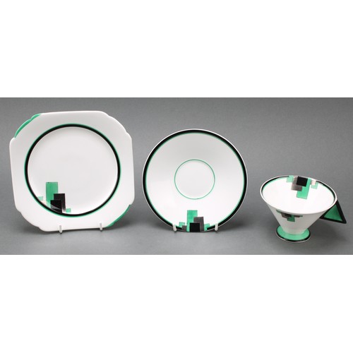 3165 - An Art Deco Shelley Vogue 'Green Blocks' pattern tea service for six, comprising cake plate, cream j... 