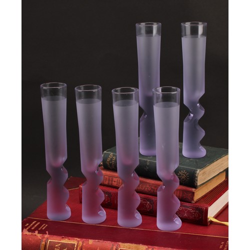 3229 - A set of six Danish Alexandrite Neodymium glass liquor glasses, of slender form, each with finger an... 