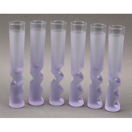 3229 - A set of six Danish Alexandrite Neodymium glass liquor glasses, of slender form, each with finger an... 