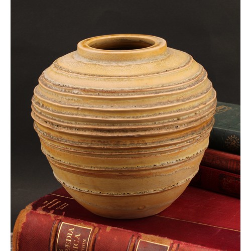 3095 - A Bourne Denby ribbed globular vase, by Alice Teichner, glazed in tones of yellow, printed marks, 20... 