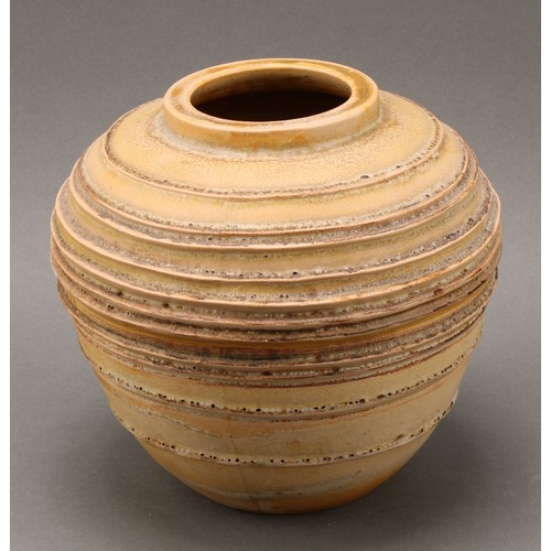 3095 - A Bourne Denby ribbed globular vase, by Alice Teichner, glazed in tones of yellow, printed marks, 20... 