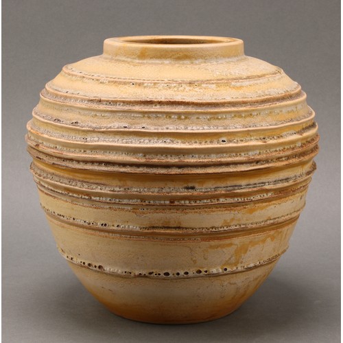 3095 - A Bourne Denby ribbed globular vase, by Alice Teichner, glazed in tones of yellow, printed marks, 20... 