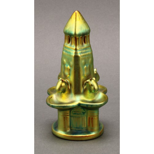 3047 - A Zsolney Pecs model of a fountain, glazed in vivid lustre green, 14cm, printed mark