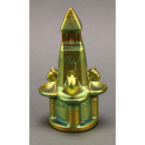 3047 - A Zsolney Pecs model of a fountain, glazed in vivid lustre green, 14cm, printed mark