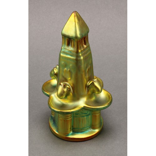 3047 - A Zsolney Pecs model of a fountain, glazed in vivid lustre green, 14cm, printed mark