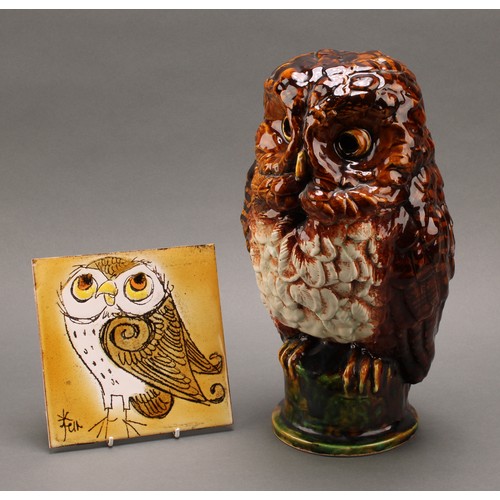 3184 - A Chelsea Pottery ceramic model of an owl, 33cm, printed mark; a Chelsea Pottery ceramic tile, sgraf... 