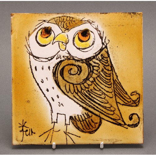 3184 - A Chelsea Pottery ceramic model of an owl, 33cm, printed mark; a Chelsea Pottery ceramic tile, sgraf... 