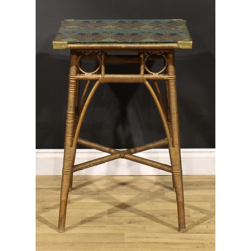 3414 - An Arts and Crafts wicker centre table, by Dryad, Leicester, the square glazed top with Art Nouveau ... 