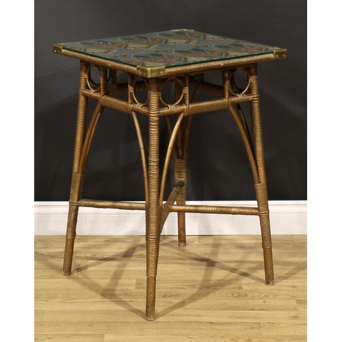 3414 - An Arts and Crafts wicker centre table, by Dryad, Leicester, the square glazed top with Art Nouveau ... 