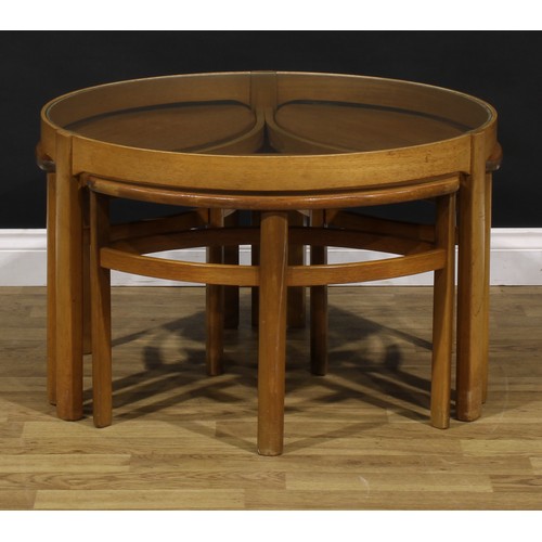 3392 - Mid-century Design - a Trinity coffee table nest, by Nathan, the largest 51cm high, 82cm diameter, t... 