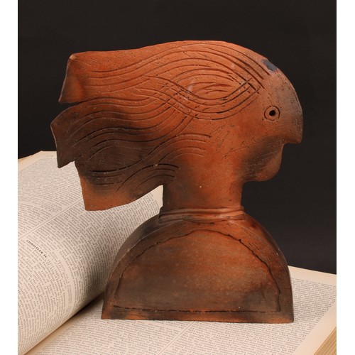 3189 - A terracotta studio pottery bust, as a figure in profile with flowing hair, 24cm, impressed monogram... 