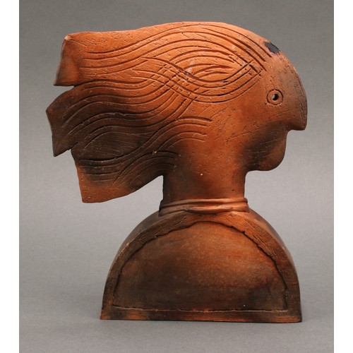 3189 - A terracotta studio pottery bust, as a figure in profile with flowing hair, 24cm, impressed monogram... 