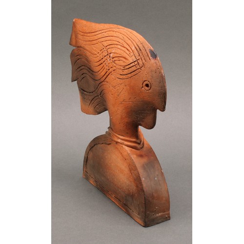 3189 - A terracotta studio pottery bust, as a figure in profile with flowing hair, 24cm, impressed monogram... 