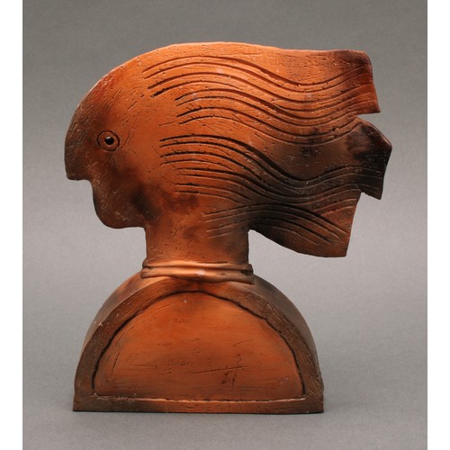 3189 - A terracotta studio pottery bust, as a figure in profile with flowing hair, 24cm, impressed monogram... 