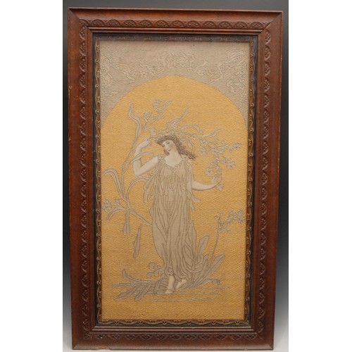 3364 - An Arts & Crafts period needlework picture, of an Art Nouveau maiden, 59cm x 30cm, oak frame, 73cm x... 