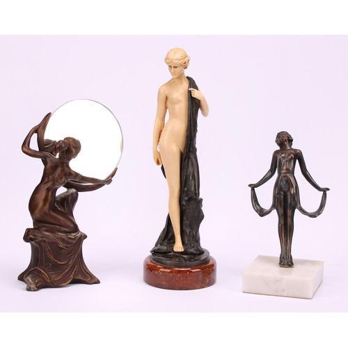 3260 - After Ferdinand Preiss, figure of semi nude lady on marble plinth, 22cm high, bronzed metal lady hol... 