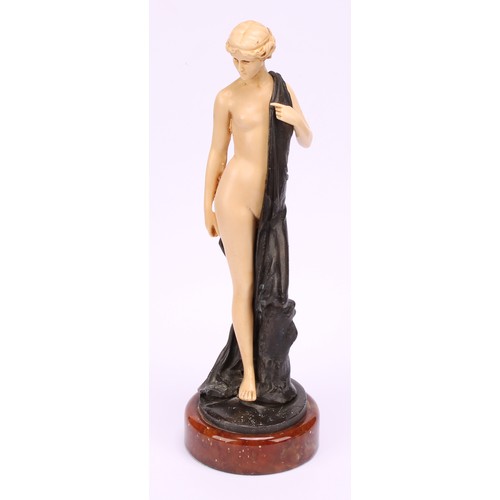 3260 - After Ferdinand Preiss, figure of semi nude lady on marble plinth, 22cm high, bronzed metal lady hol... 