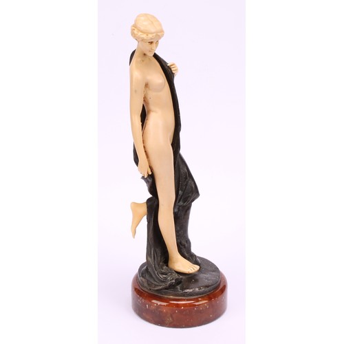 3260 - After Ferdinand Preiss, figure of semi nude lady on marble plinth, 22cm high, bronzed metal lady hol... 