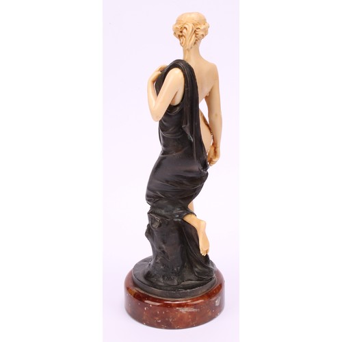 3260 - After Ferdinand Preiss, figure of semi nude lady on marble plinth, 22cm high, bronzed metal lady hol... 