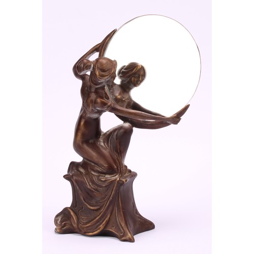 3260 - After Ferdinand Preiss, figure of semi nude lady on marble plinth, 22cm high, bronzed metal lady hol... 