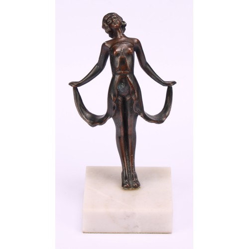 3260 - After Ferdinand Preiss, figure of semi nude lady on marble plinth, 22cm high, bronzed metal lady hol... 