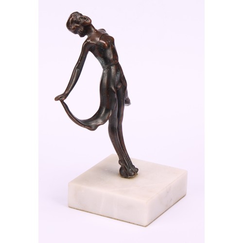 3260 - After Ferdinand Preiss, figure of semi nude lady on marble plinth, 22cm high, bronzed metal lady hol... 